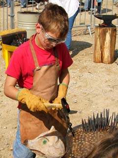 Adding steel spines to a chainsaw-sculpture of a hedgehog.  The young boy uses a pair of tongs to hold his newly forged steel "quill" as he hammers it into one of many pre-drilled holes.