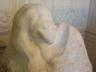 A marble sculpture of a young woman sleeping is polished in the parts (the face and neck) yet still rough stone everwhere else.