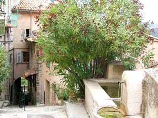 One of the many fountains provided in town for doing laundry.  Water runs freely into a series of basins.  The road descends steeply down and through a tunnel in the background.