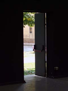 A wall and door painted black.  The door is open so that the color of the trees and buildings outside are visible.