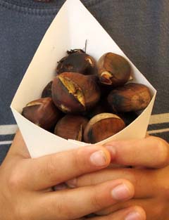 A young boy holds a paper cone of roasted Chestnuts.