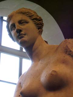 A close up view of the famous Venus de Milo.  Her face is in perfect condition despite being thousands of years old.