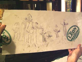 A child's drawing of eight people drawn on a stained paper placemat of the restaraunt "Chez Leon" which is famous for mussels.