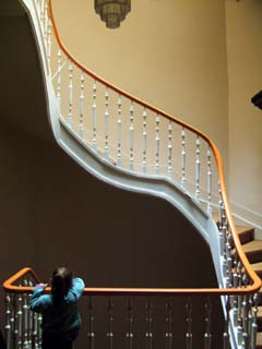 A young girl holds the railing of an elegent staircase.